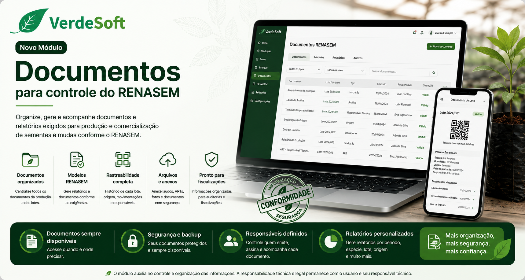 Documentos RENASEM VerdeSoft para viveiros com relatórios, anexos e informações padronizadas