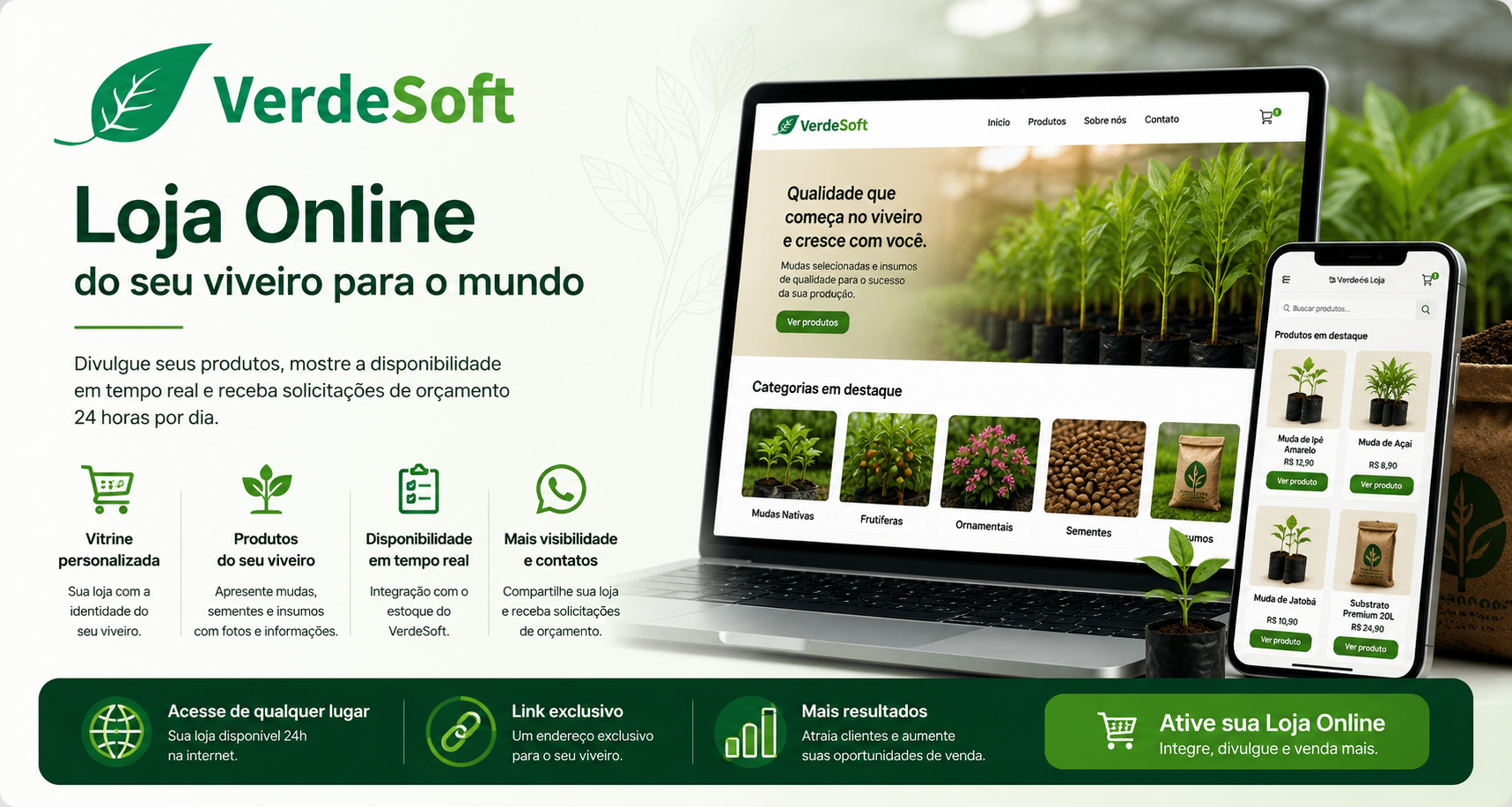 Loja Online VerdeSoft para viveiros divulgarem mudas, sementes, insumos e receberem pedidos